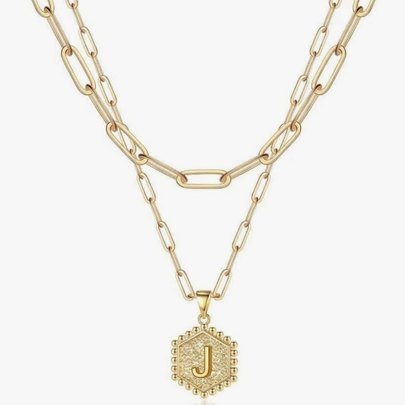 MYMY 14K Gold Plated Layered Hexagon Letter J Initial 18" Necklace - Picture 1 of 6